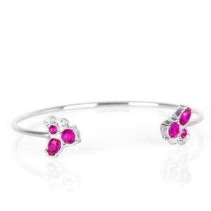 Silver wire cuff bracelet with bright pink and clear rhinestones